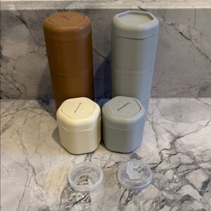 Compact Stackable Travel Containers in Brown, Cream, and Gray - Home Accents